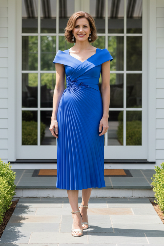 Off the Shoulder Pleated Midi Dress with Beaded Detail
