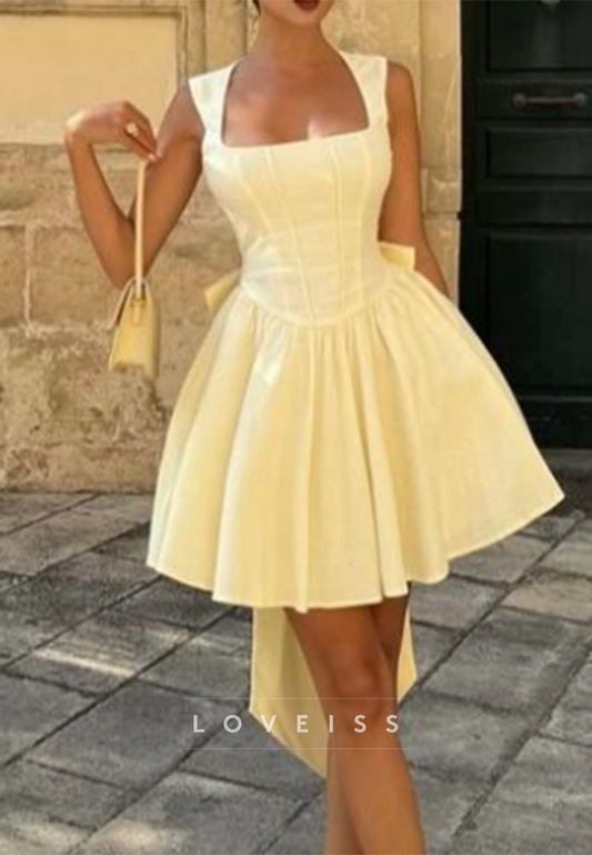 Square Neck Corset A-Line Mini Dress with Back Bow