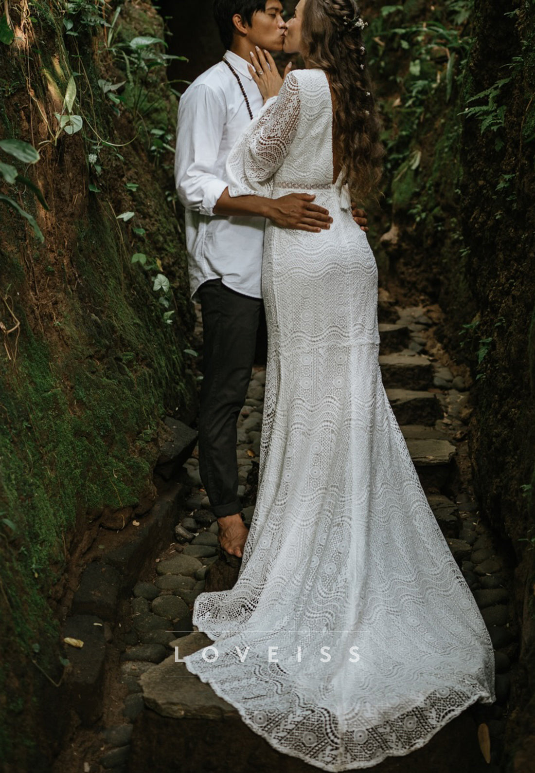 Boho Lace Long Sleeve Mermaid Wedding Dress with Slit