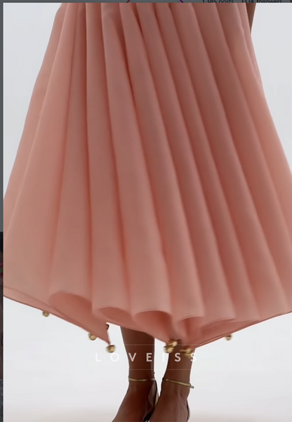 Pearl-Embellished Pleated Midi Dress with Flutter Sleeves