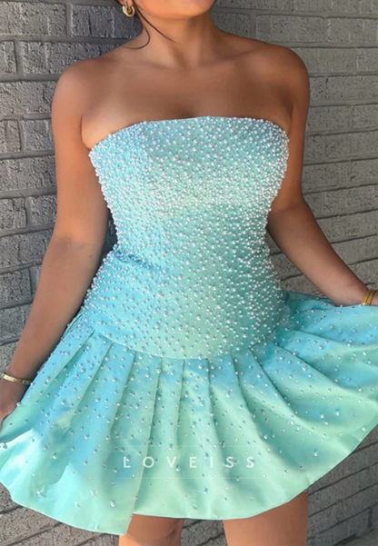 Strapless Pearl Beaded Drop-Waist Mini Dress