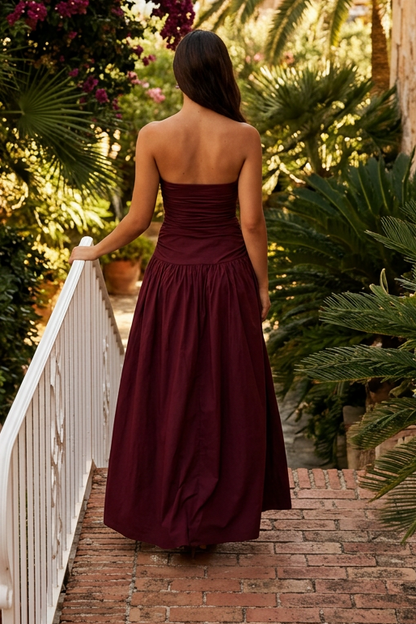 Strapless Ruched Drop-Waist Maxi Dress