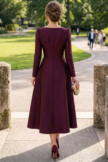 Long Sleeve A-Line Midi Dress with Slit