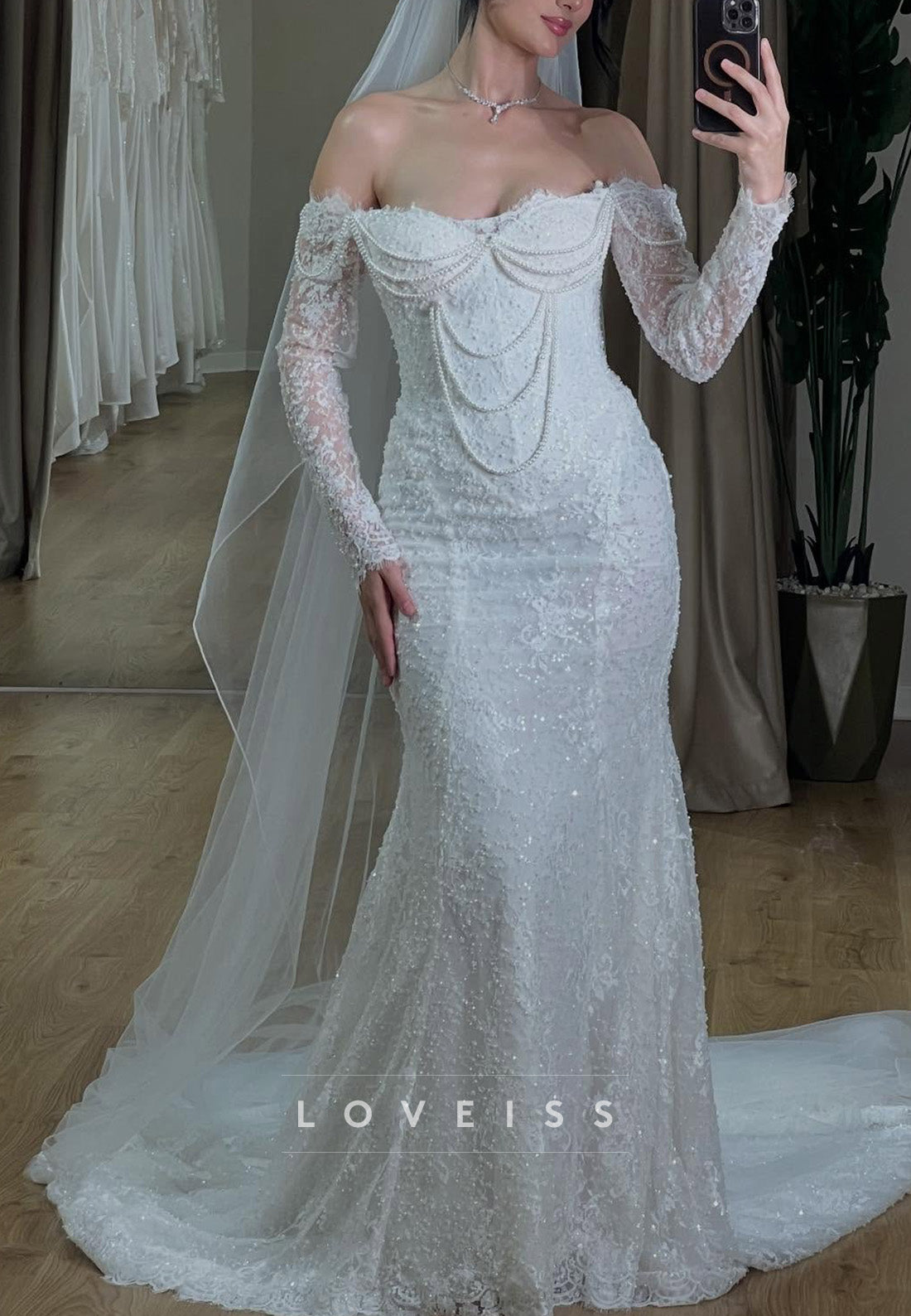 Lace Mermaid Wedding Dress with Pearl Draping