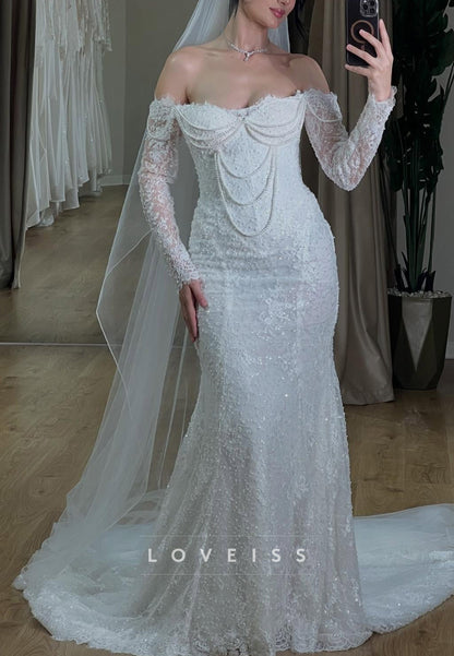 Lace Mermaid Wedding Dress with Pearl Draping