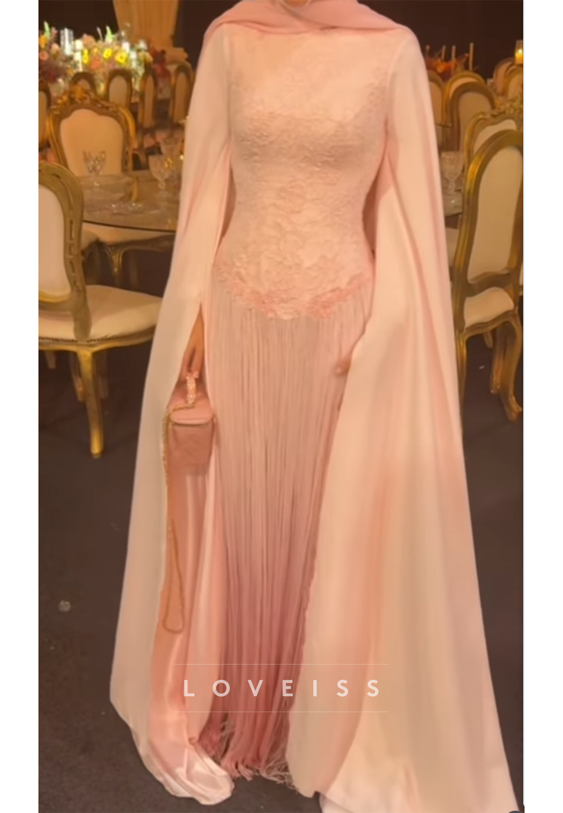 Lace Bodice Fringe Evening Gown with Cape