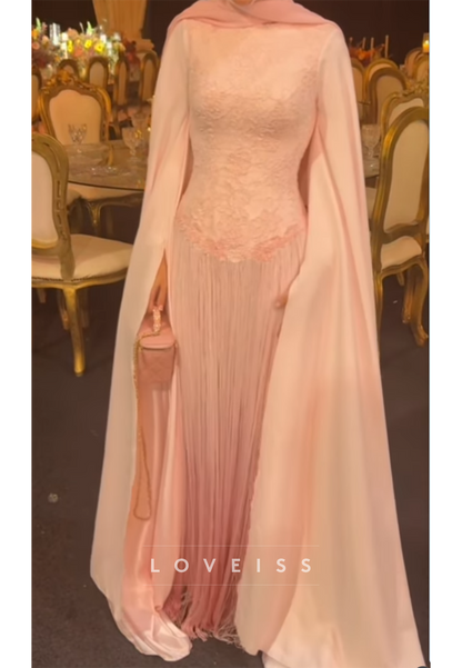 Lace Bodice Fringe Evening Gown with Cape
