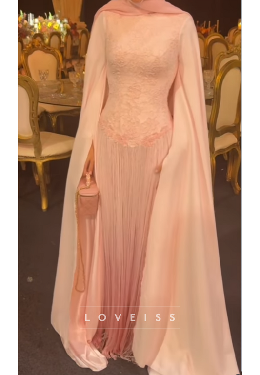 Lace Bodice Fringe Evening Gown with Cape