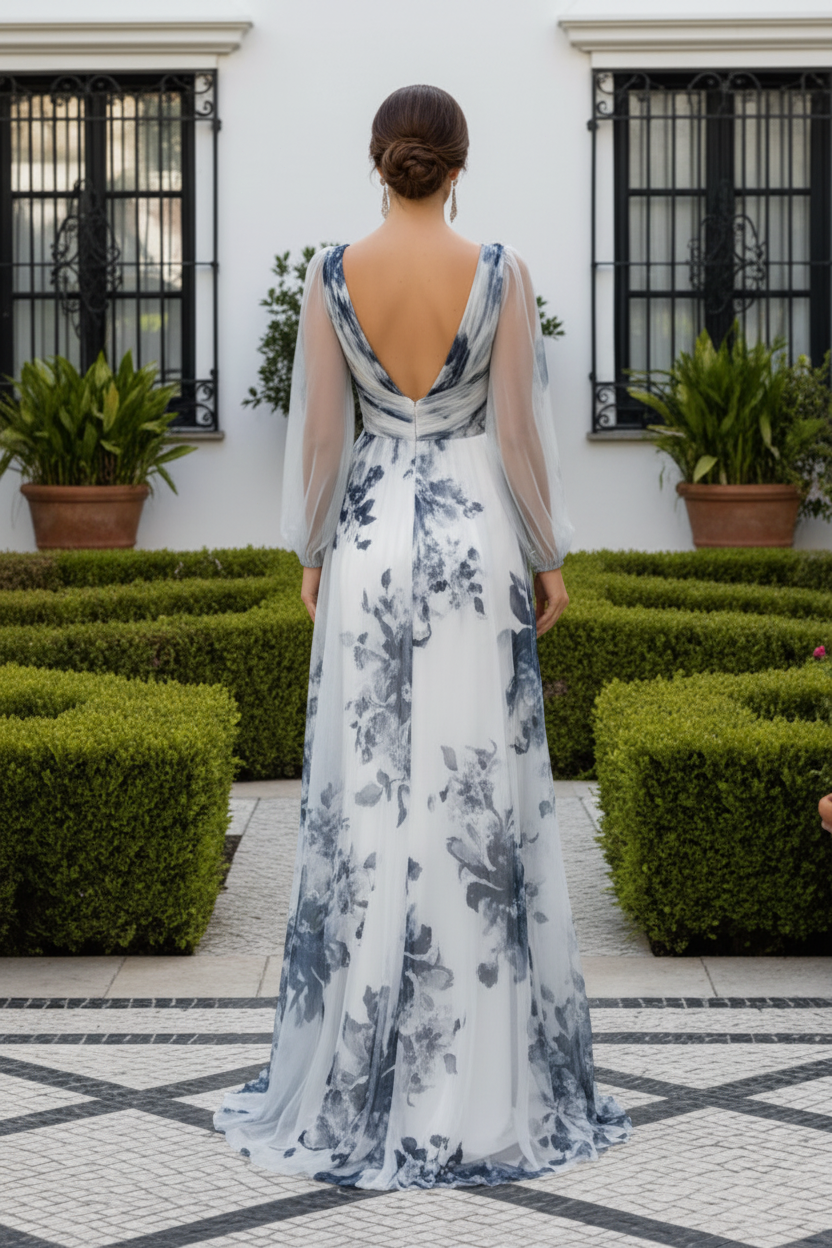 Floral V-Neck Evening Gown with Sheer Long Sleeves