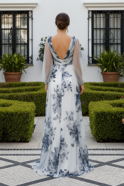 Floral V-Neck Evening Gown with Sheer Long Sleeves