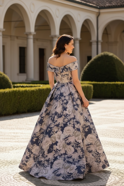 Floral Off-the-Shoulder A-Line Evening Gown
