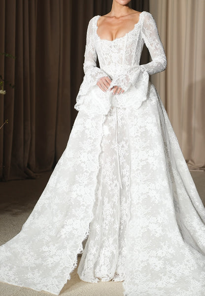 Lace Wedding Dress with Overskirt & Bell Sleeves