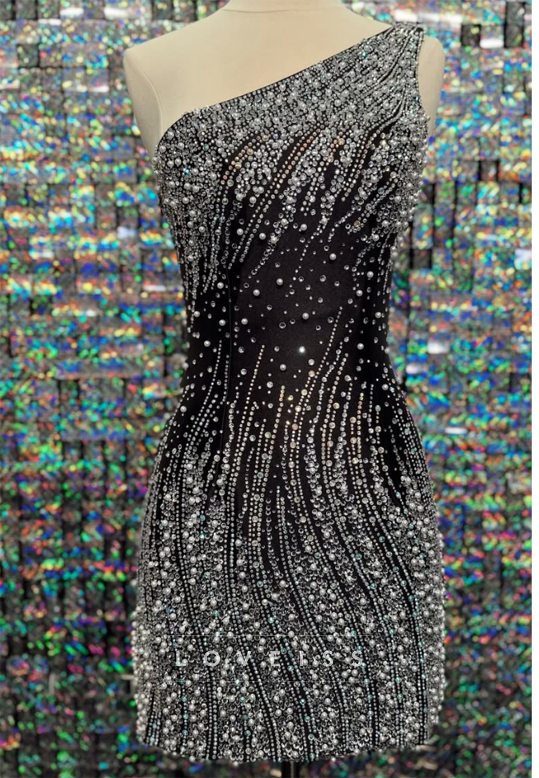 One-Shoulder Pearl and Crystal Embellished Mini Dress