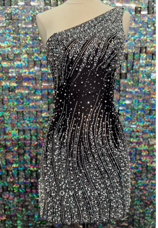 One-Shoulder Pearl and Crystal Embellished Mini Dress