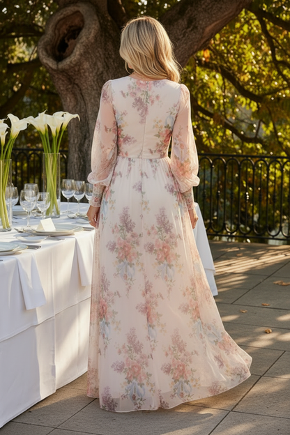 Floral Print Long Sleeve Empire Waist Maxi Dress