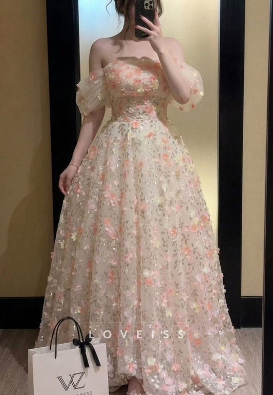 3D Floral Off-the-Shoulder A-Line Gown