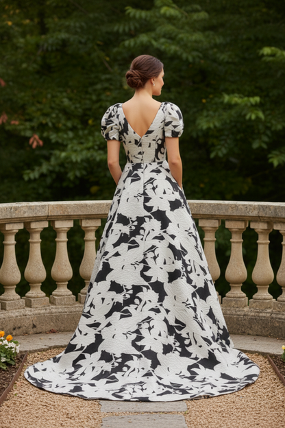 Floral Jacquard V-Neck Gown with Puff Sleeves