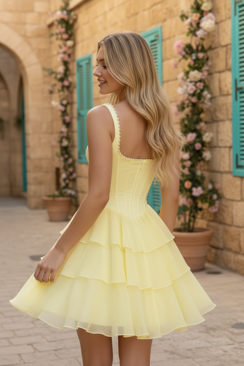 Corset Tiered Ruffle Mini Dress with Pearl Details