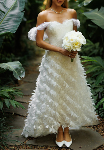 Off-the-Shoulder Tiered Feather-Lace Wedding Dress