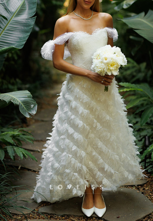 Off-the-Shoulder Tiered Feather-Lace Wedding Dress