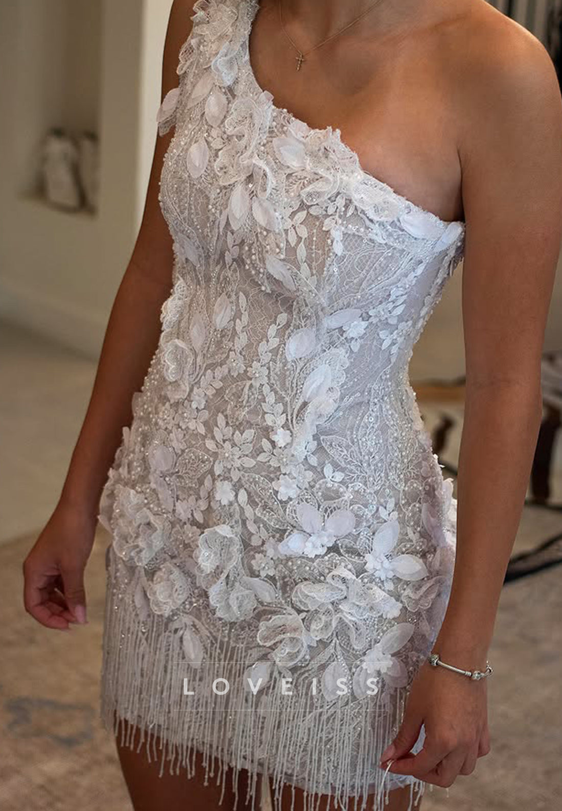 One-Shoulder Lace Mini Dress with Fringe Hem