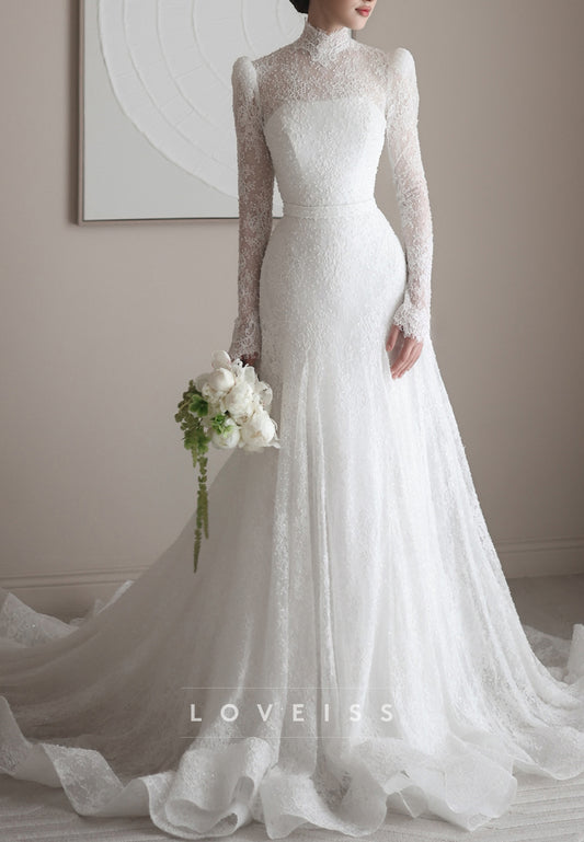 High-Neck Lace Fit and Flare Wedding Dress