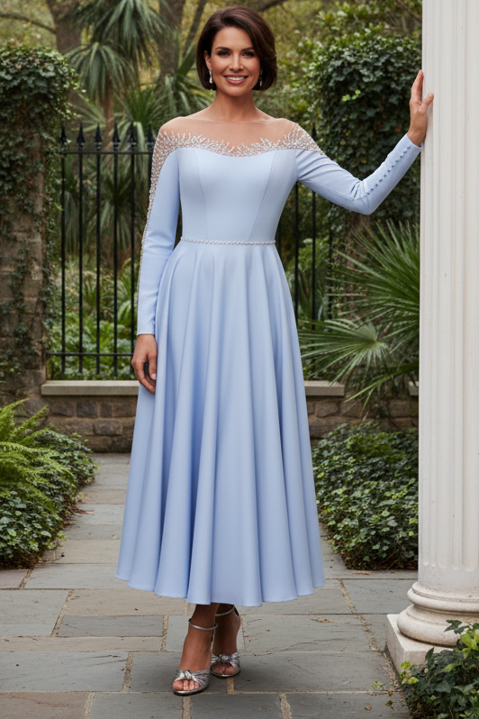 Illusion Beaded Long Sleeve Midi Dress