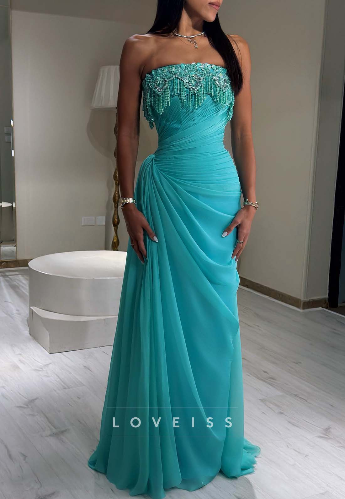 Strapless Ruched Gown with Beaded Fringe Bodice