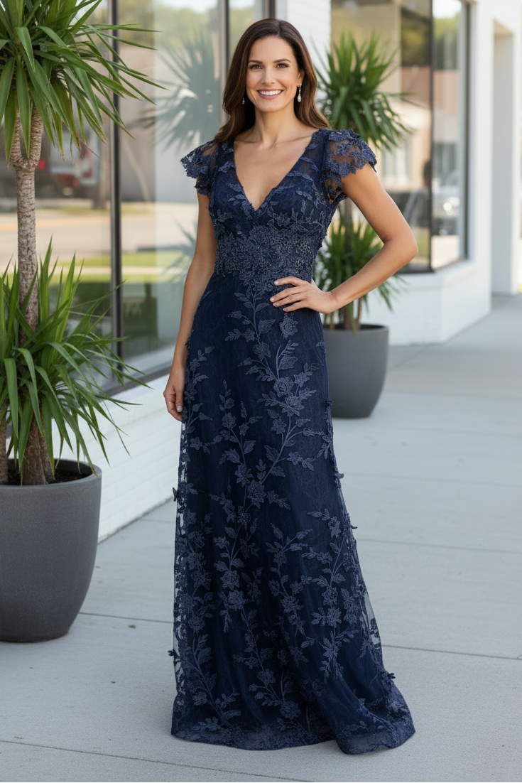 Floral Lace Flutter Sleeve Floor-Length Gown