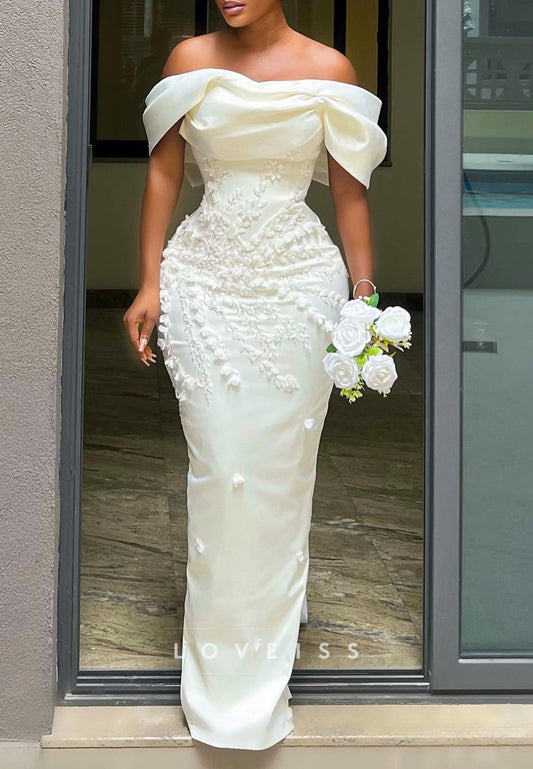 Off-Shoulder 3D Floral Satin Wedding Gown with Bow