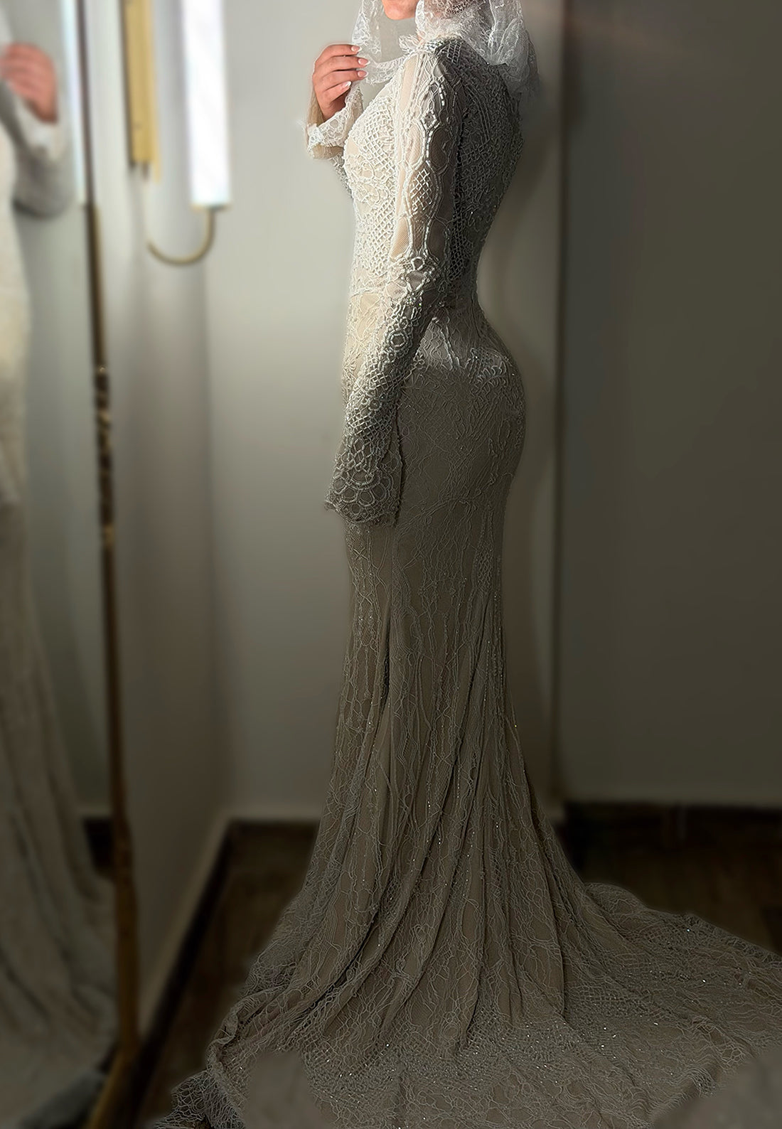 Beaded Lace Long Sleeve Mermaid Wedding Gown