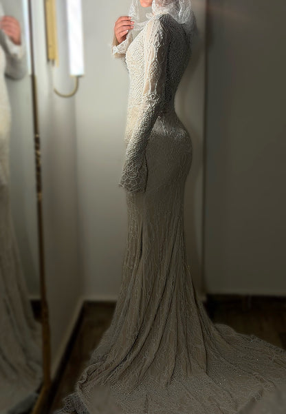 Beaded Lace Long Sleeve Mermaid Wedding Gown