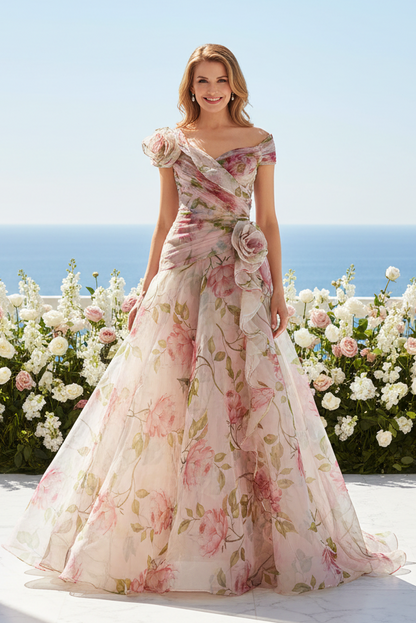 Off-the-Shoulder Floral Organza A-Line Gown