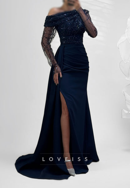 Sequined Asymmetric Gown with Slit