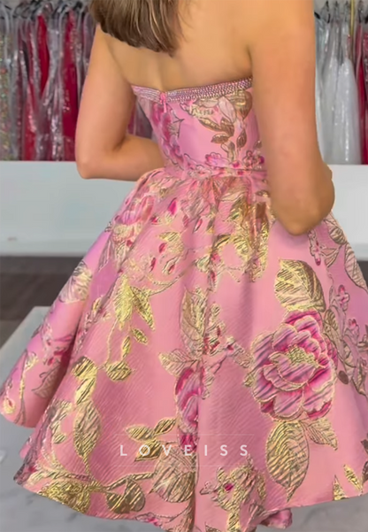 Strapless Floral Jacquard Mini Dress with Bows