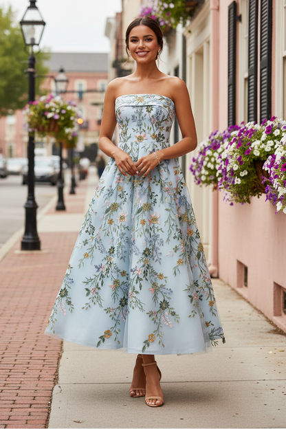 Strapless Floral Embroidered A-Line Gown