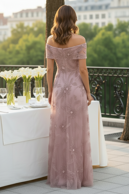 Off-the-Shoulder Beaded Floral Column Gown