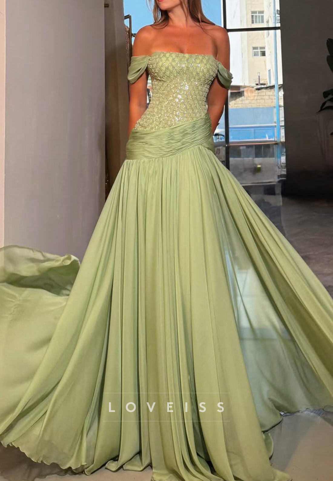 Beaded Bodice Off-Shoulder Gown with Pleated Skirt