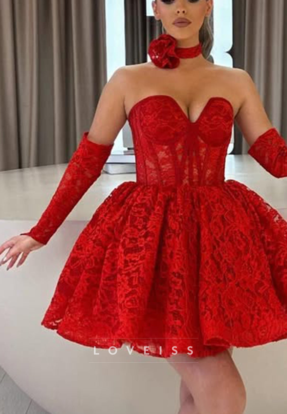 Strapless Sweetheart Corset Lace Mini Dress