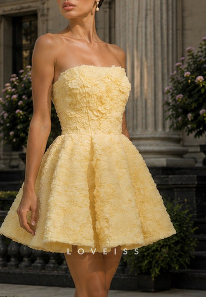 Strapless 3D Floral Rosette A-Line Mini Dress