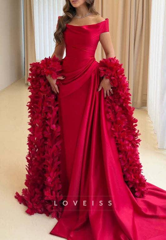 Off-the-Shoulder Draped Gown with Feather Boa
