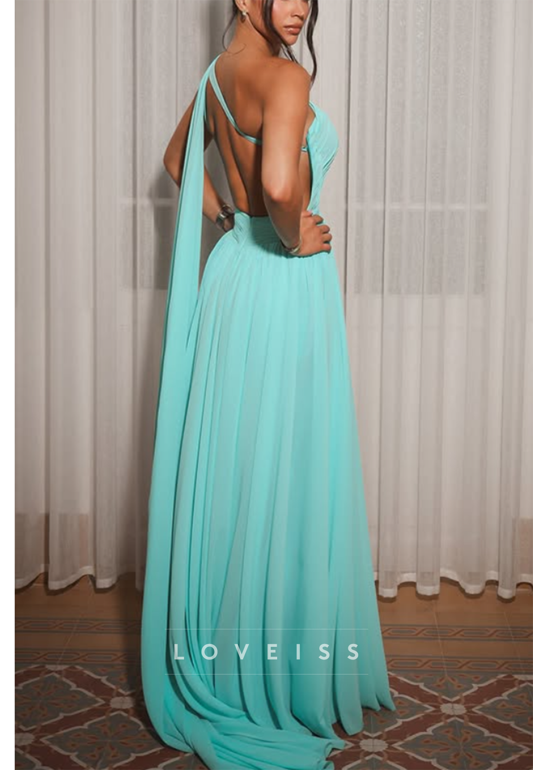 One-Shoulder Chiffon Gown with Cape Drape and Waist Cutout
