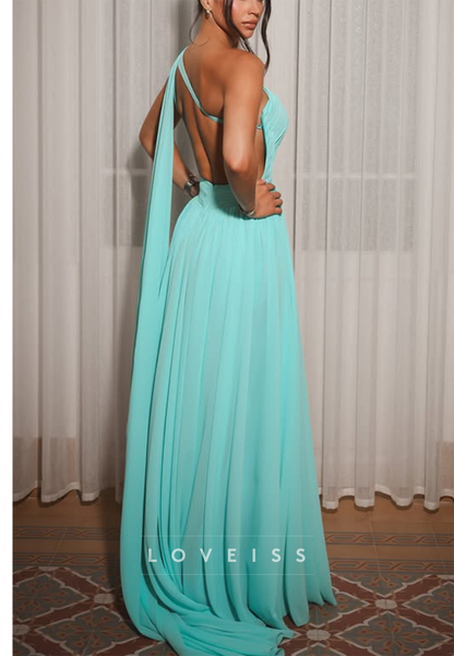 One-Shoulder Chiffon Gown with Cape Drape and Waist Cutout