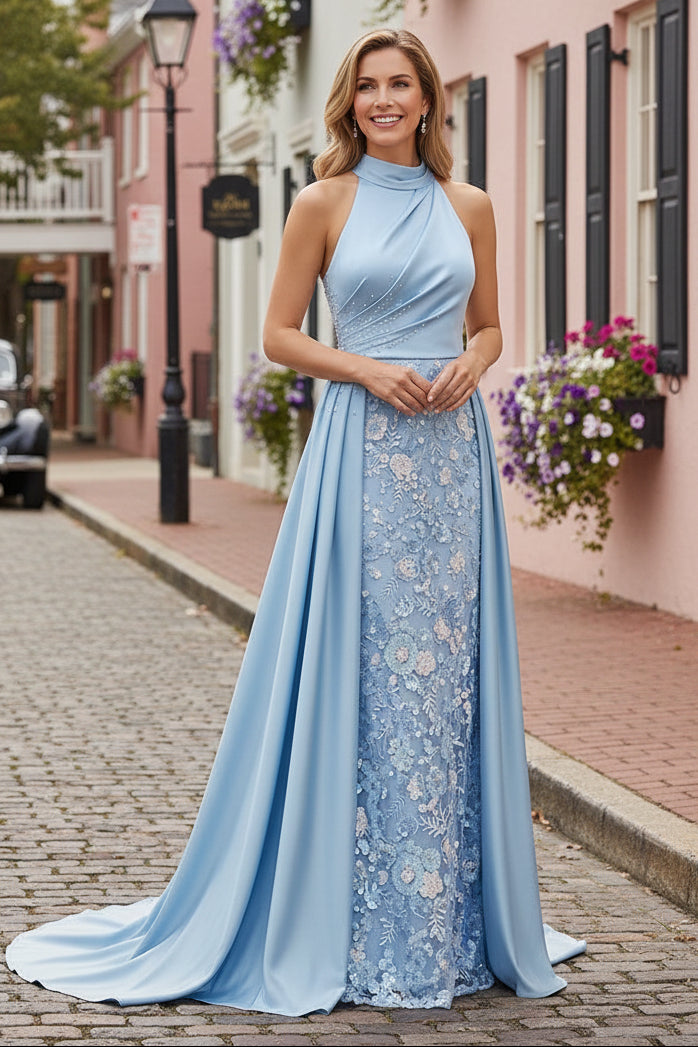 Halter Neck Floral Applique Gown with Overskirt