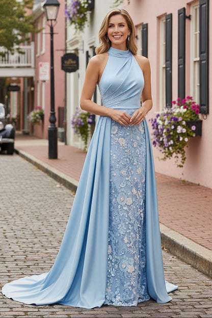 Halter Neck Floral Applique Gown with Overskirt