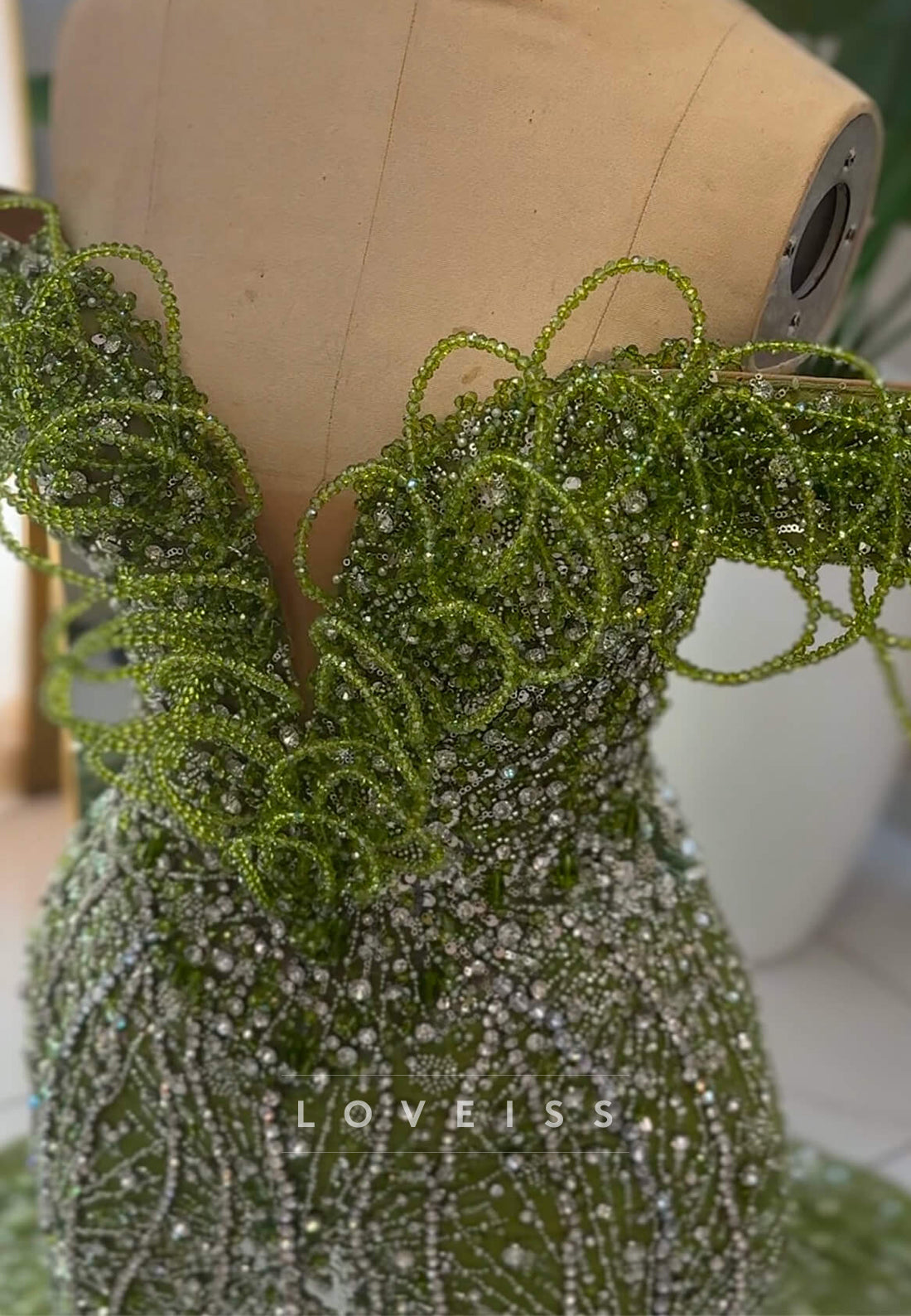 Beaded Mermaid Gown with Loop Off-Shoulder Detail