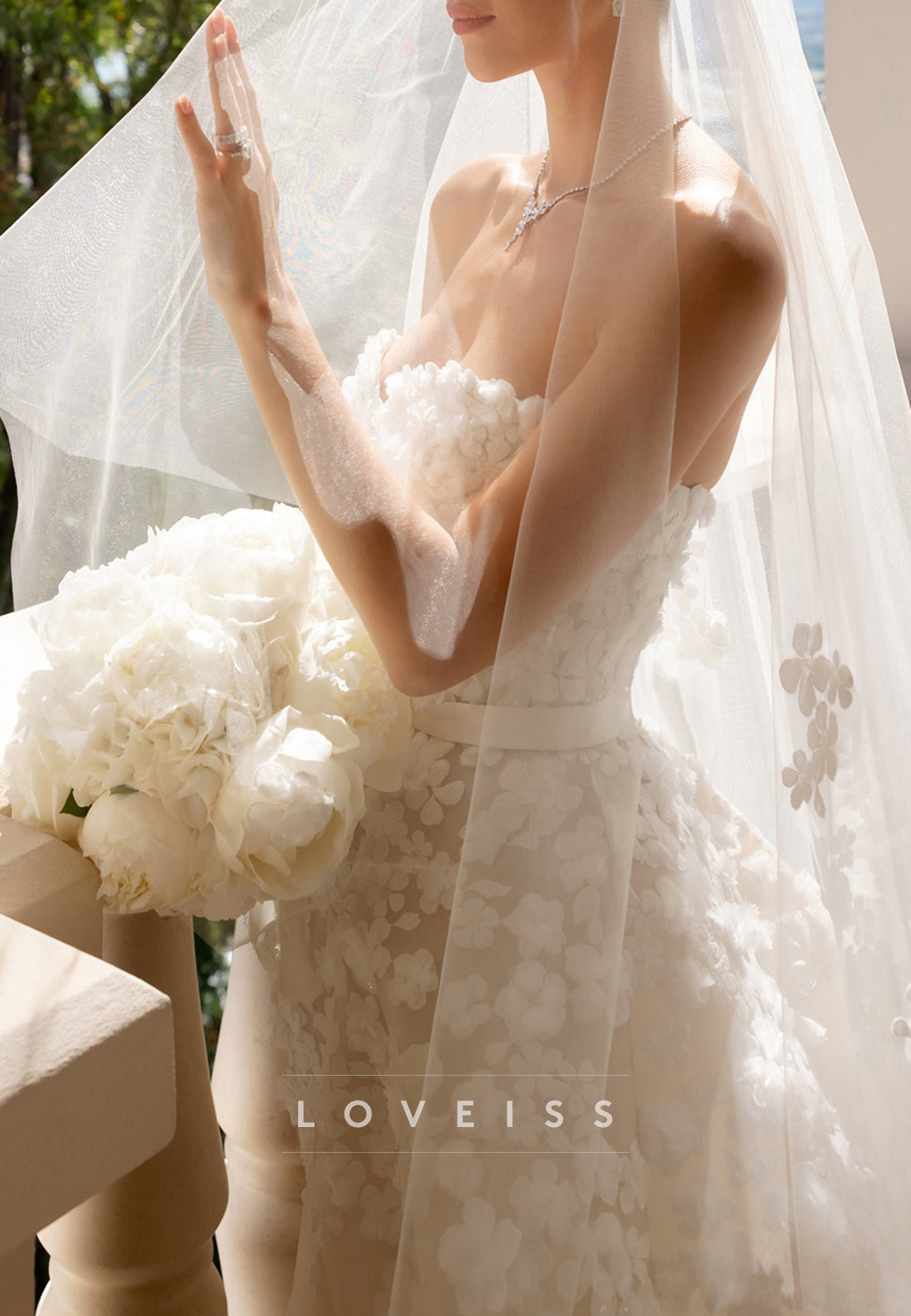Strapless 3D Floral Applique Ball Gown Wedding Dress