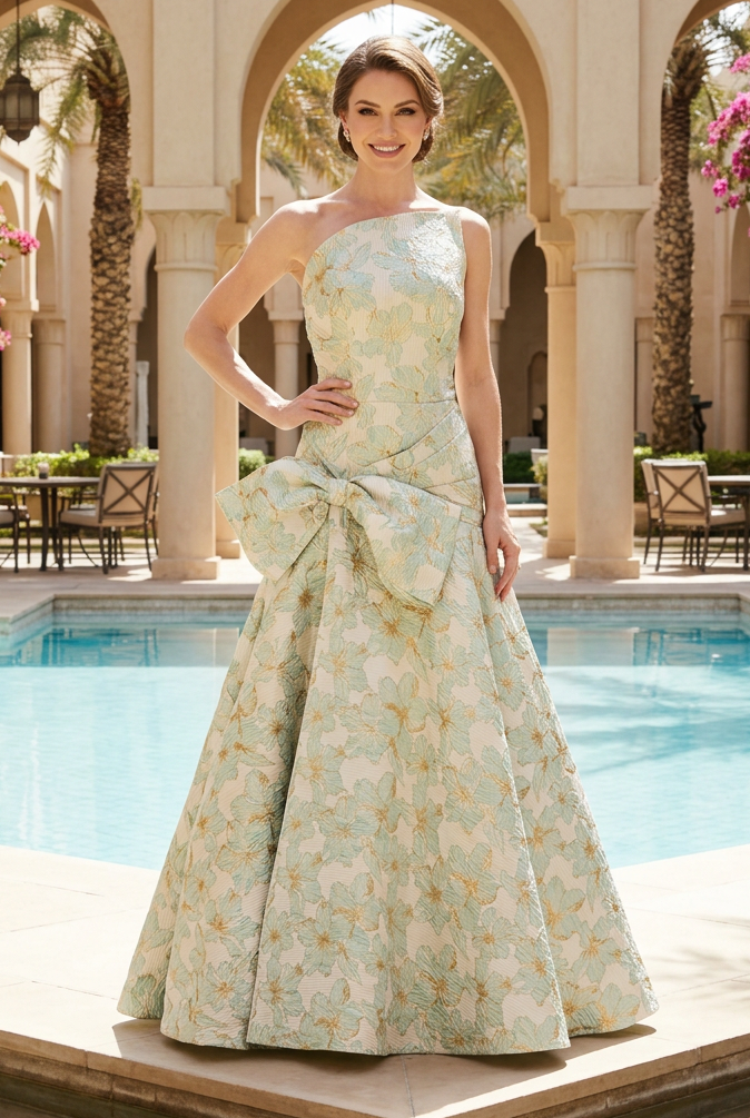 One-Shoulder Floral Jacquard Gown with Bow