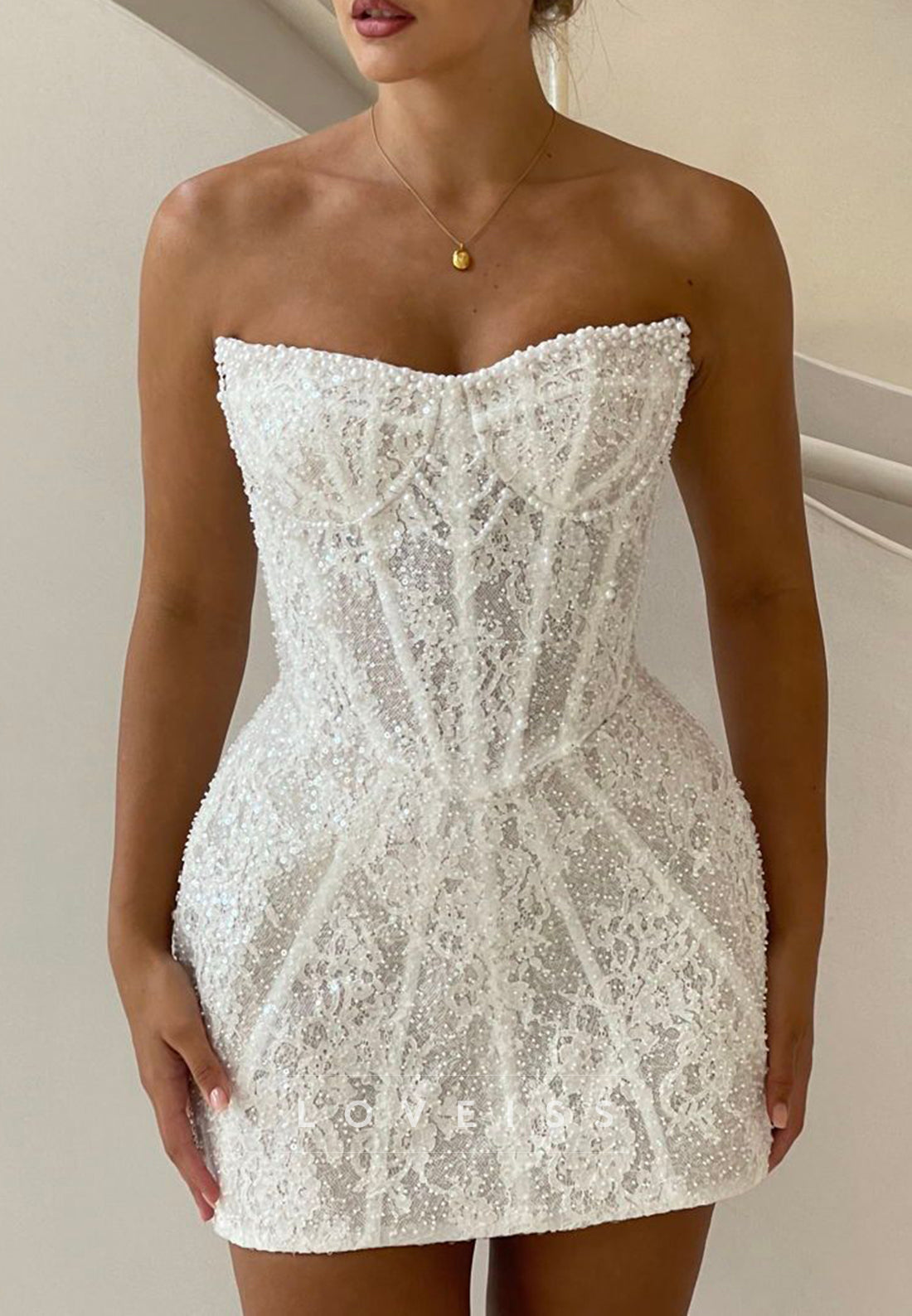 Pearl Beaded Lace Corset Mini Dress