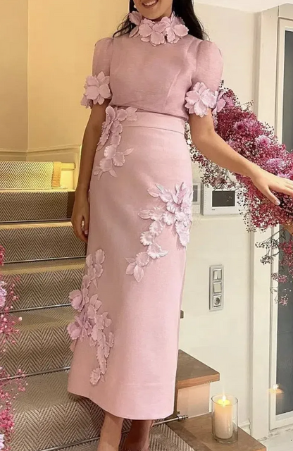 3D Floral High Neck Column Dress with Puff Sleeves